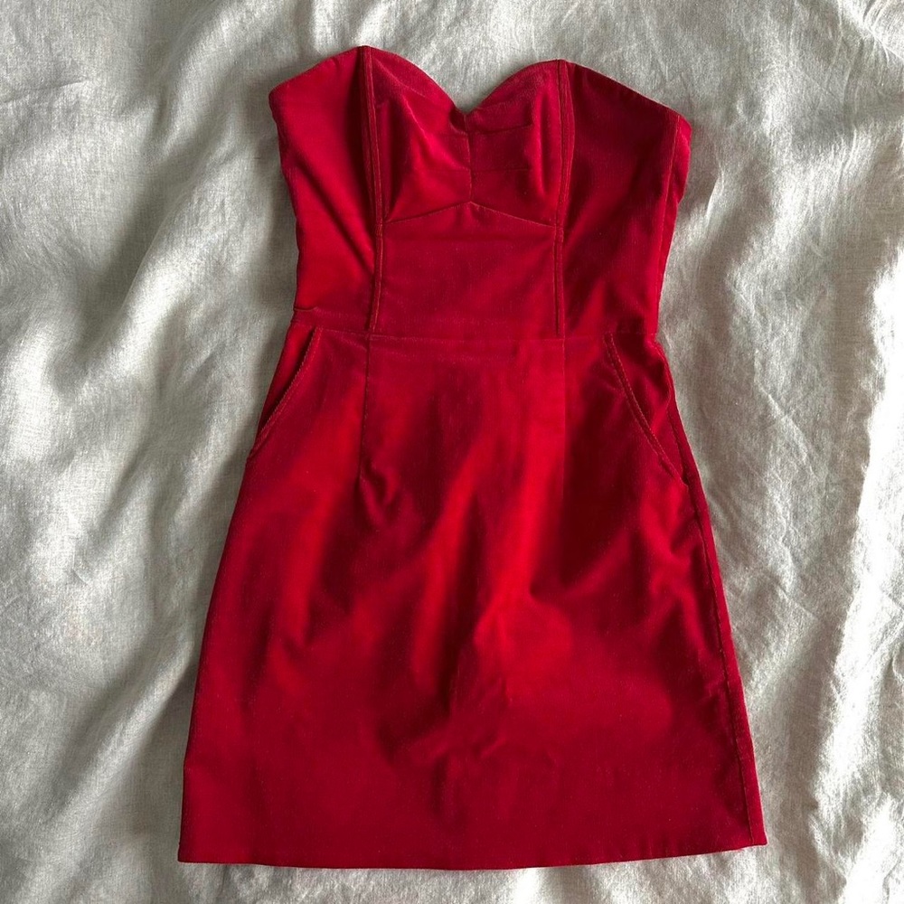 Red Corduroy Sweetheart Strapless Dress